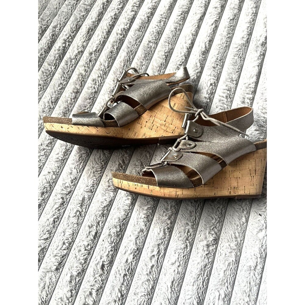 Sofft Cork Wedge Gladiator Sz 10 Sandals Metallic Silver Goddesscore Greek